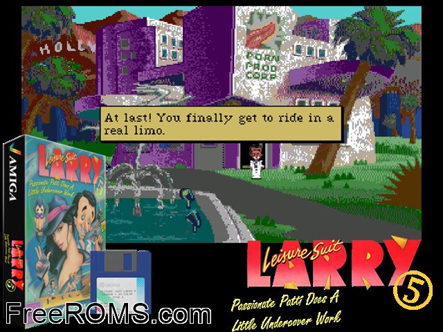 Leisure Suit Larry 5 Amiga game showing 3D box cover and gameplay screenshot